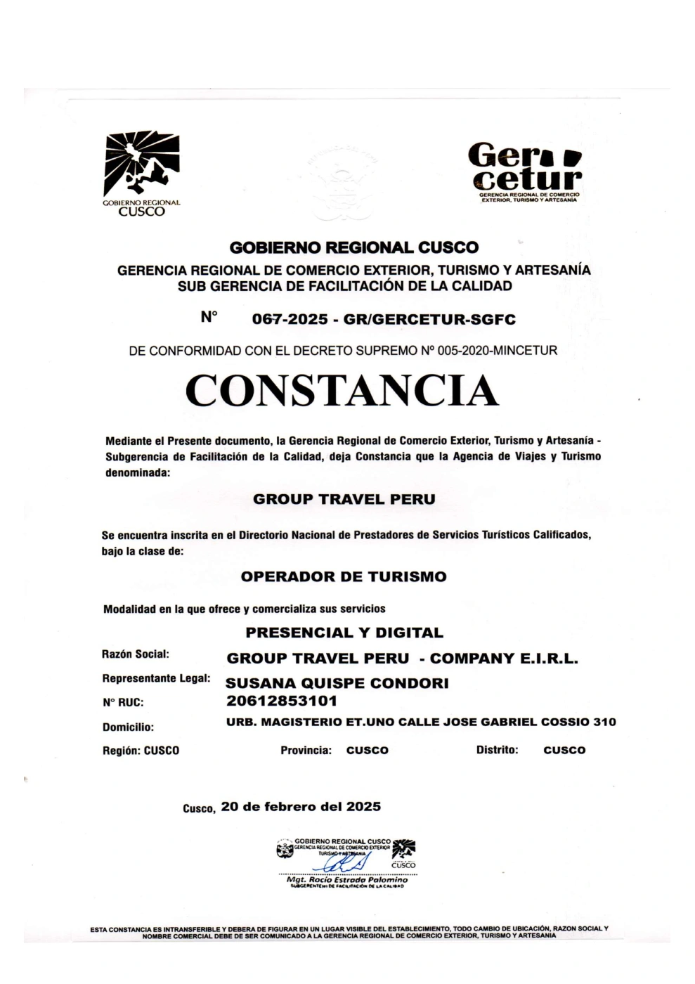Certificado GERCETUR Cusco