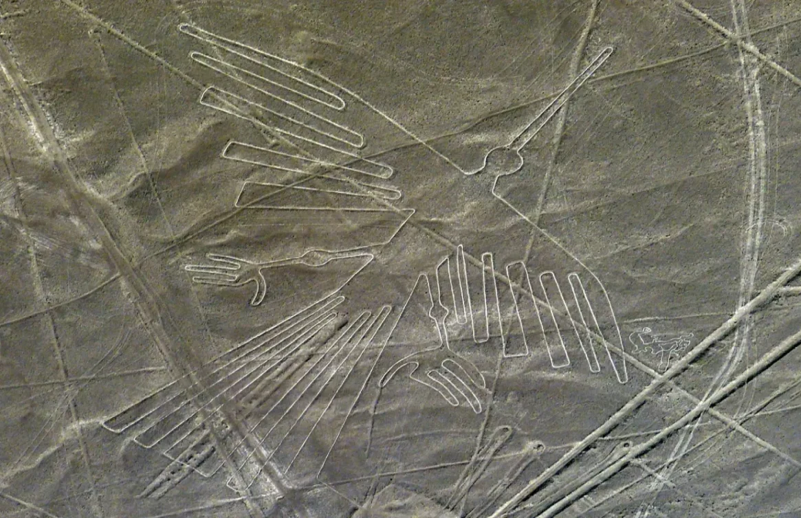 Línea de Nazca con figura de ave trazada en un desierto rocoso bajo cielo despejado.