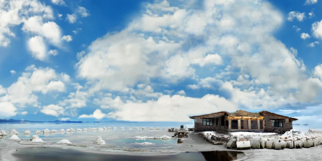 Hotel de sal en el Salar de Uyuni rodeado de montículos blancos bajo cielo azul.