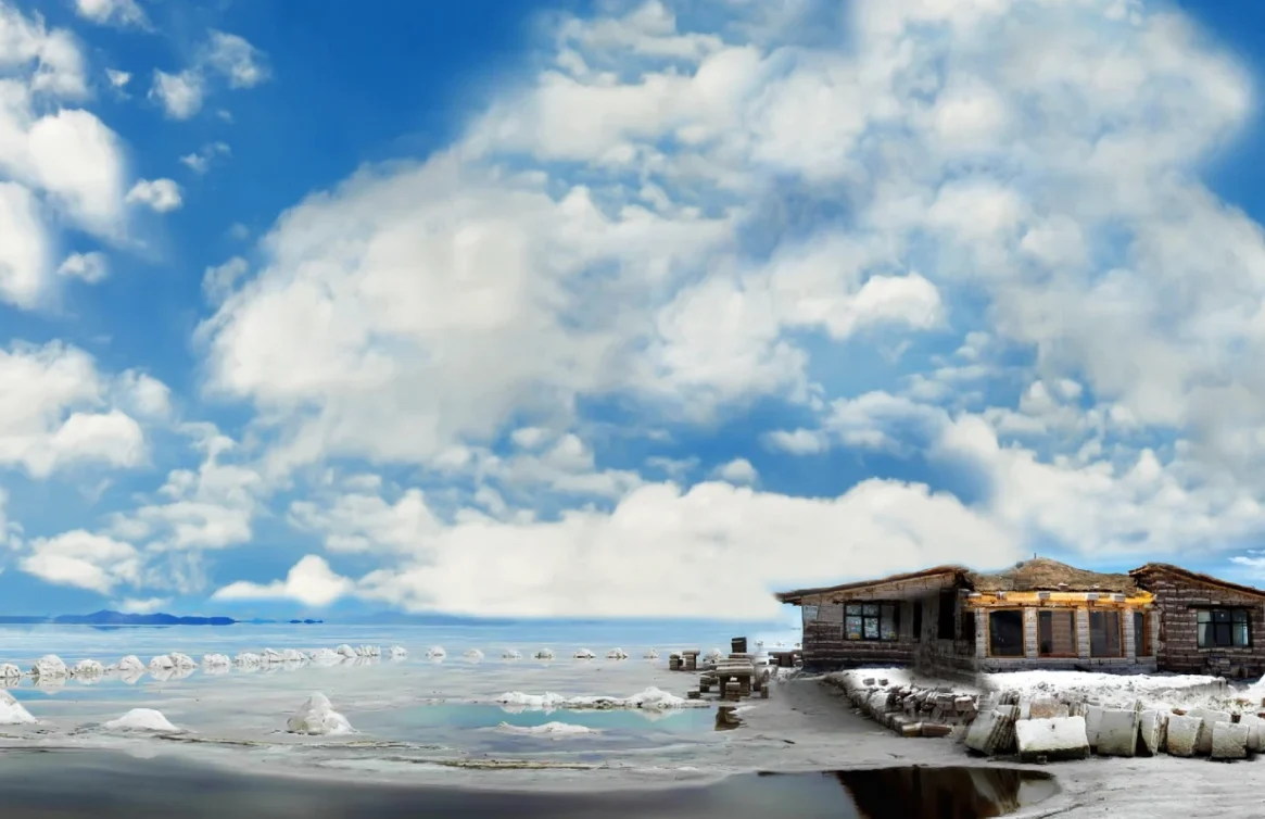 Hotel de sal no Salar de Uyuni cercado por montes brancos sob um céu azul.